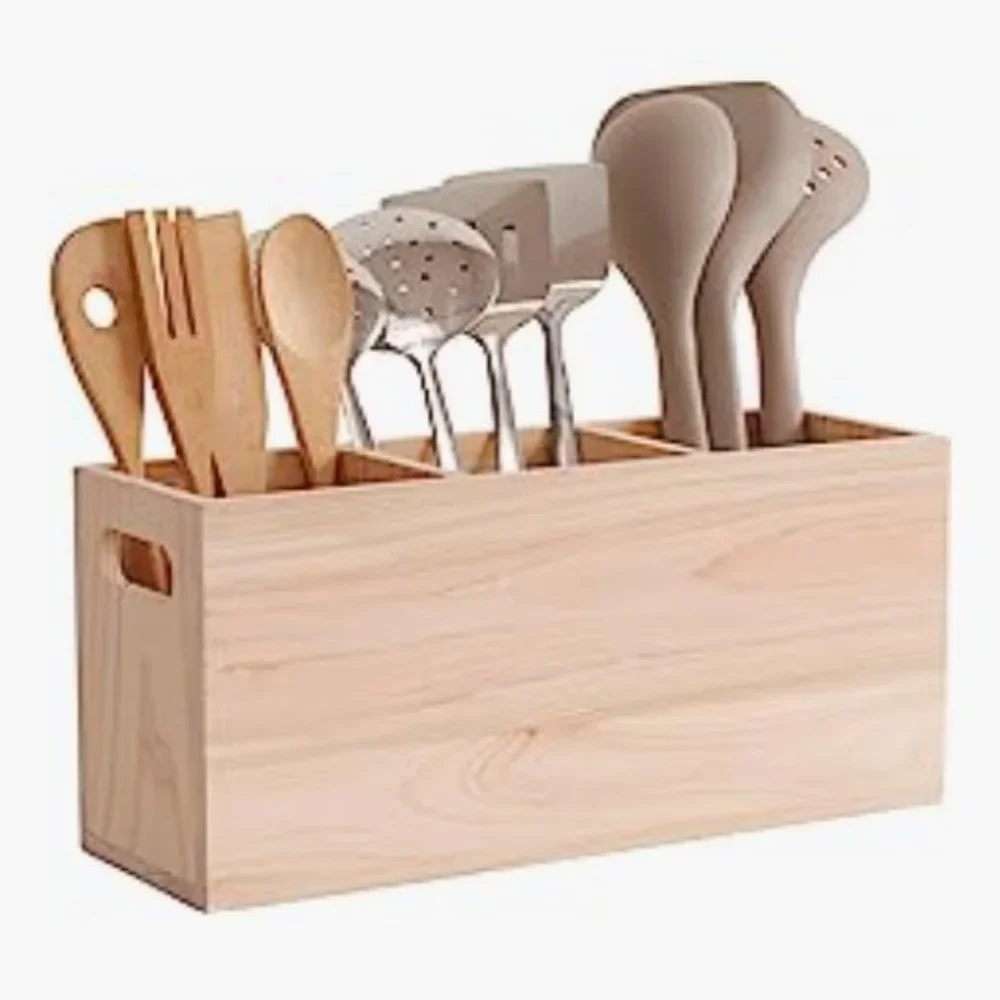 XL - Hinoki Cypress Wood Kitchen Utensil Holder for Countertop - 3 Compartments